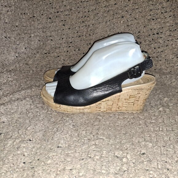 CROCS-A-Leigh Leather Open Toe Slingback Cork Wedge Sandals Black-SZ 8-Excellent - Picture 2 of 7